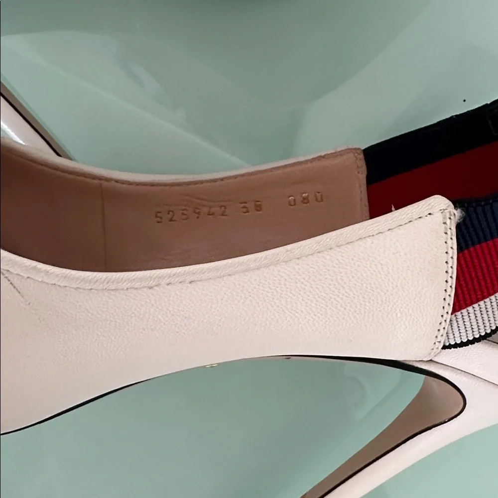 Gucci White Leather Sylvia Elastic Slingback Heels  Box & Two Dust Bags